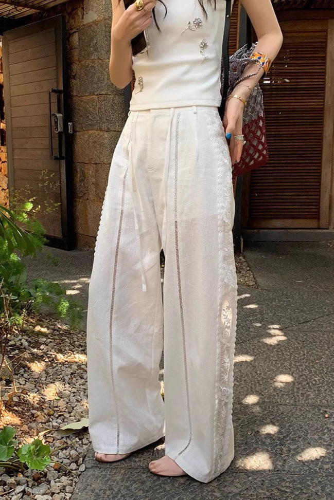 Linen Lace Splicing Straight Pants