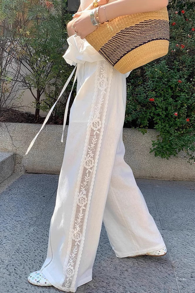 Linen Lace Splicing Straight Pants