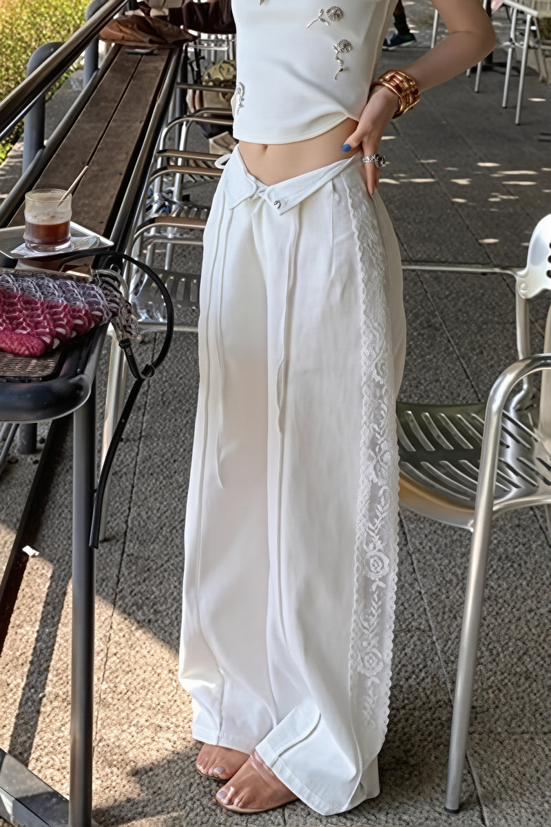 Linen Lace Splicing Straight Pants