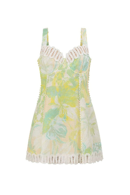 Linen Lace Trim Floral Mini Boho Dress
