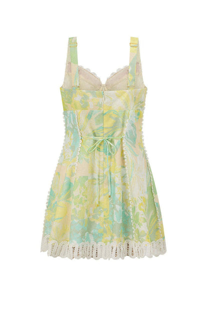 Linen Lace Trim Floral Mini Boho Dress