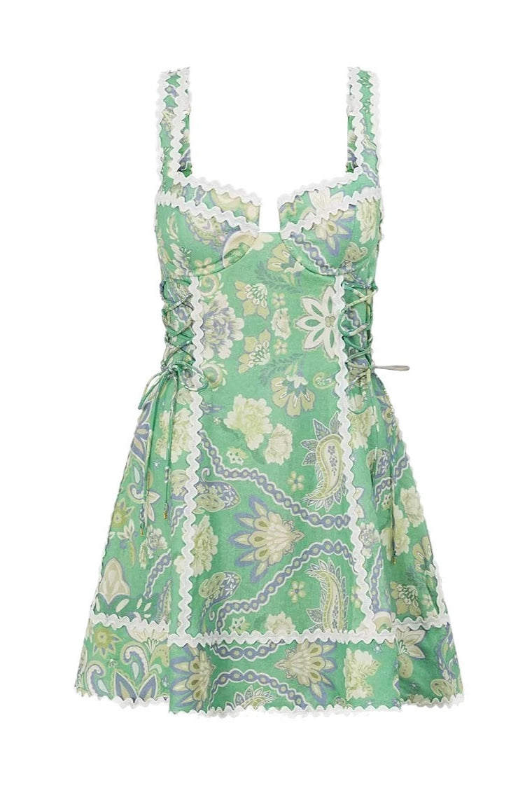 Linen Lace Trim Spaghetti Mini Boho Dress