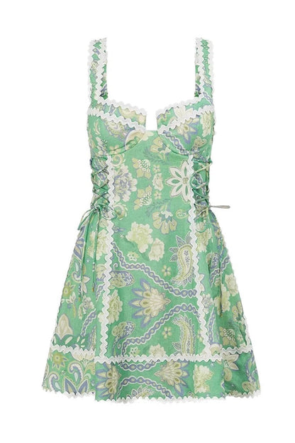 Linen Lace Trim Spaghetti Mini Boho Dress