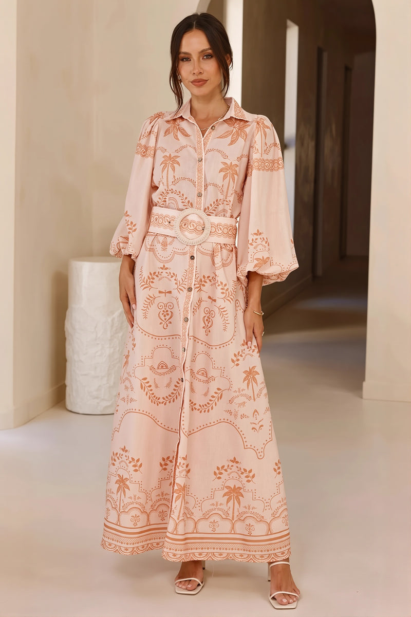 Linen Puff Sleeve Belt Loose Boho Dress
