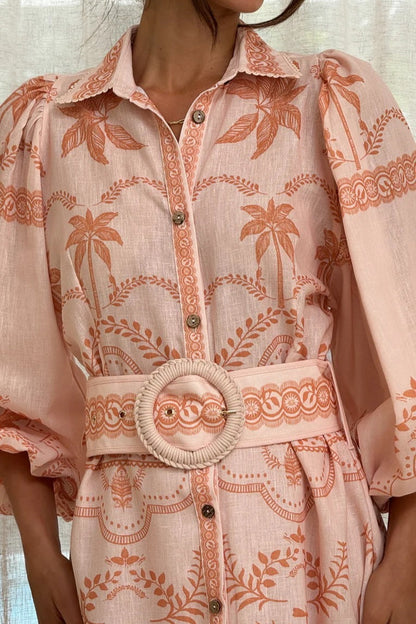 Linen Puff Sleeve Belt Loose Boho Dress