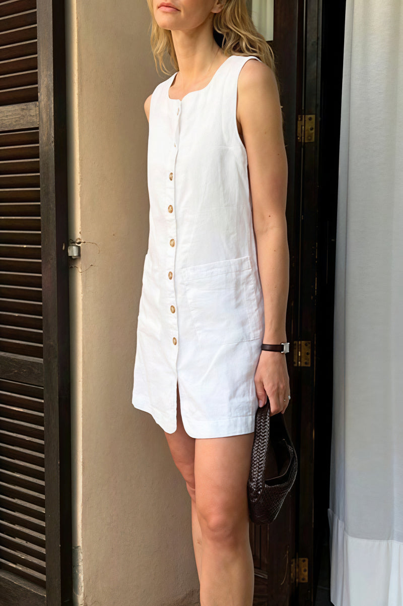 Linen Square Neck Button Mini Dress
