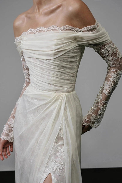 Long Sleeve Lace Off Shoulder Reception Dress