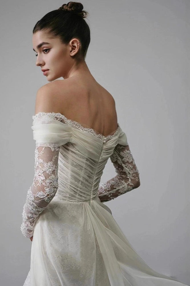 Long Sleeve Lace Off Shoulder Reception Dress