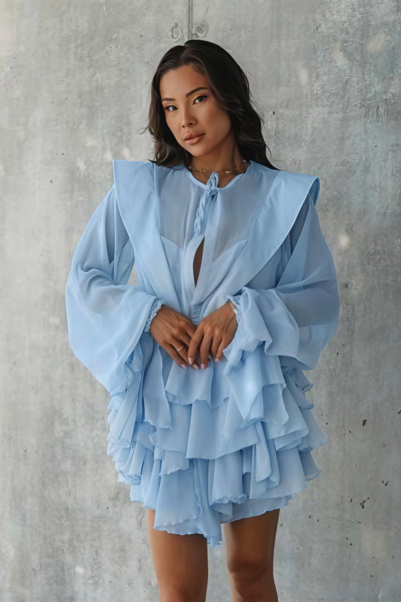 Long Sleeve Tie Mesh Sheer Tiered Mini Dress