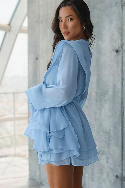 Long Sleeve Tie Mesh Sheer Tiered Mini Dress