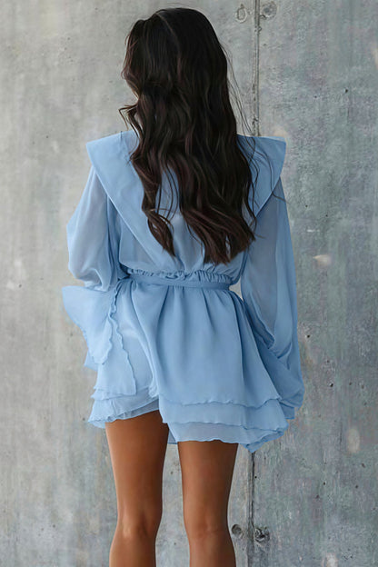 Long Sleeve Tie Mesh Sheer Tiered Mini Dress