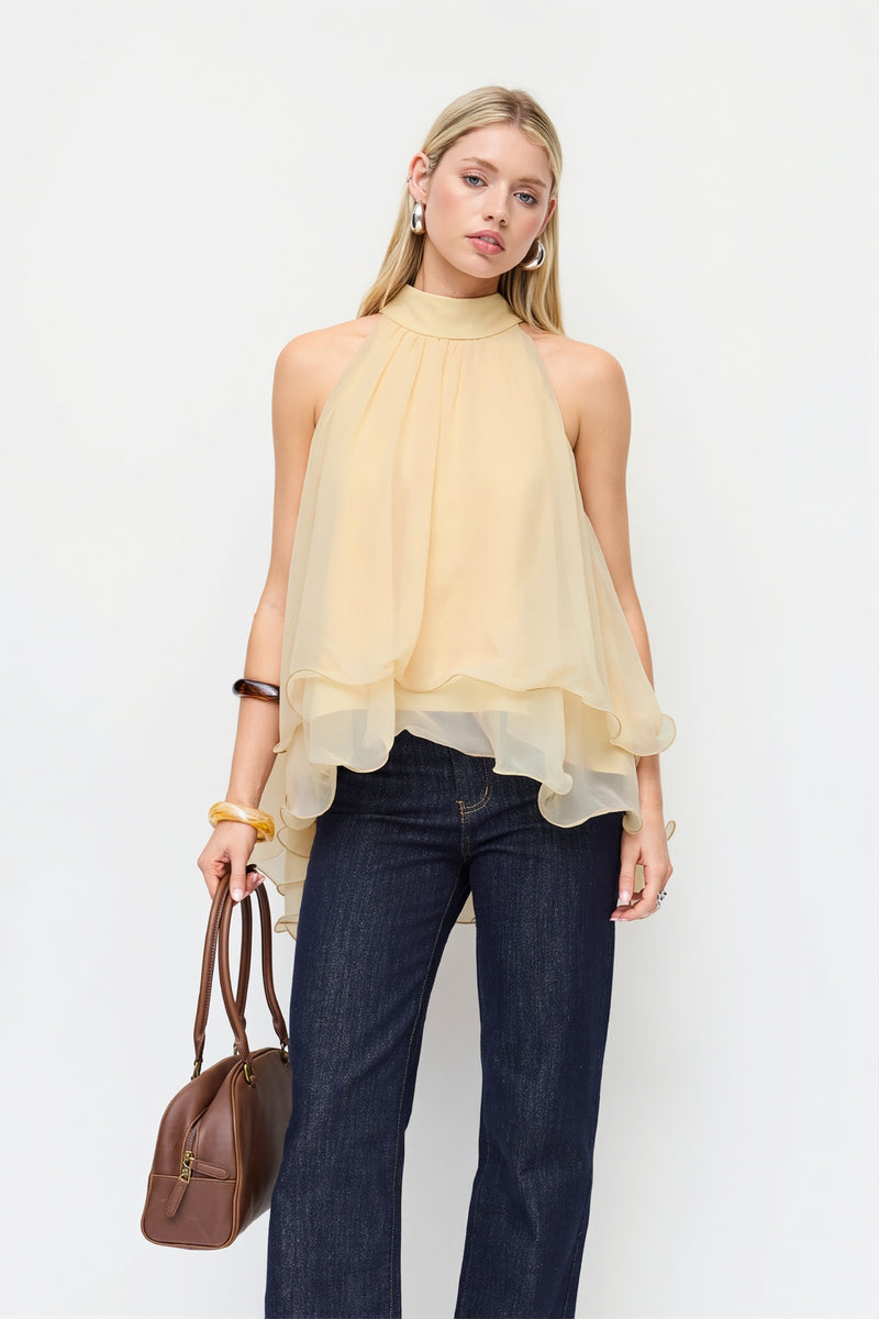 Loose Chiffon Ruffle Flowy Halter Top