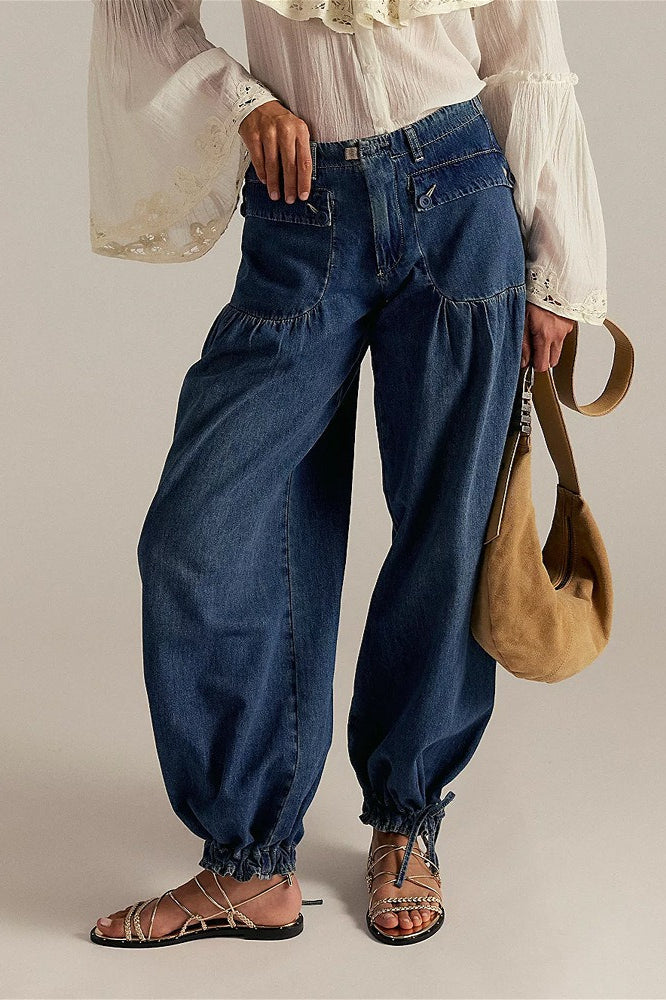 Loose Cuffed Ruched Tie Jeans