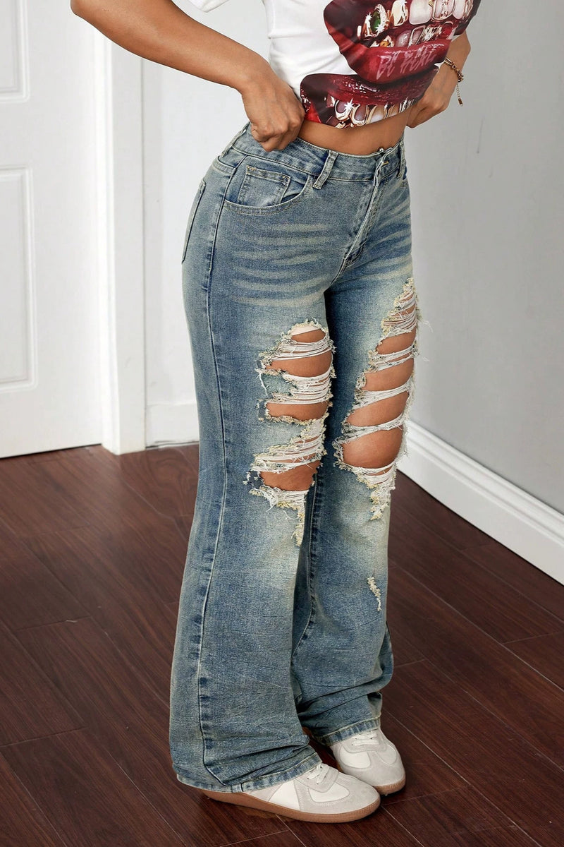 Low Rise Distressed Ripped Raw Hem Bootcut Jeans