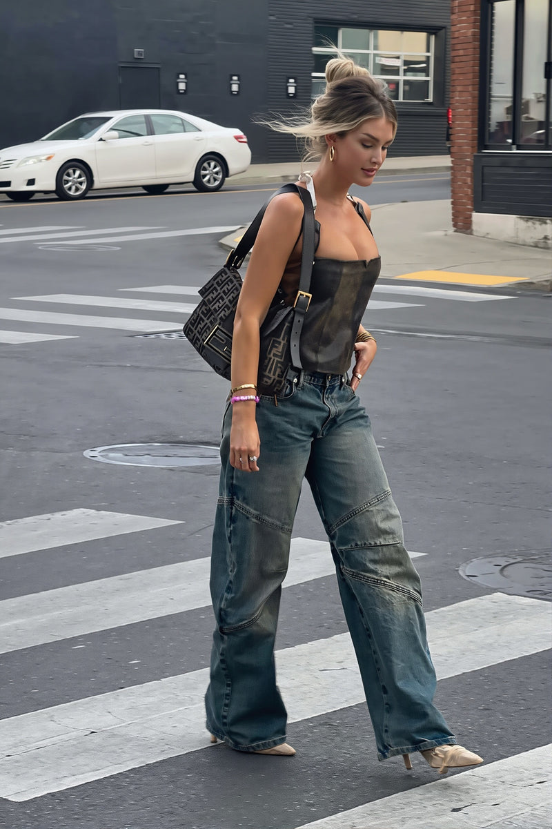 Low Rise Vintage Washed Spliced Straight Jeans