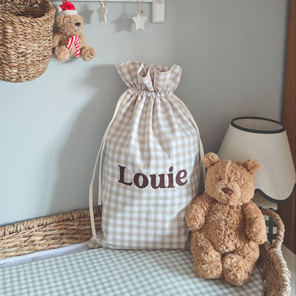 Mabel & Fox - Personalised Beige Gingham Mini Gift Sack - Embroidered