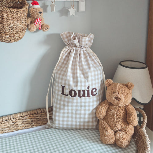 Mabel & Fox - Personalised Beige Gingham Mini Gift Sack - Embroidered