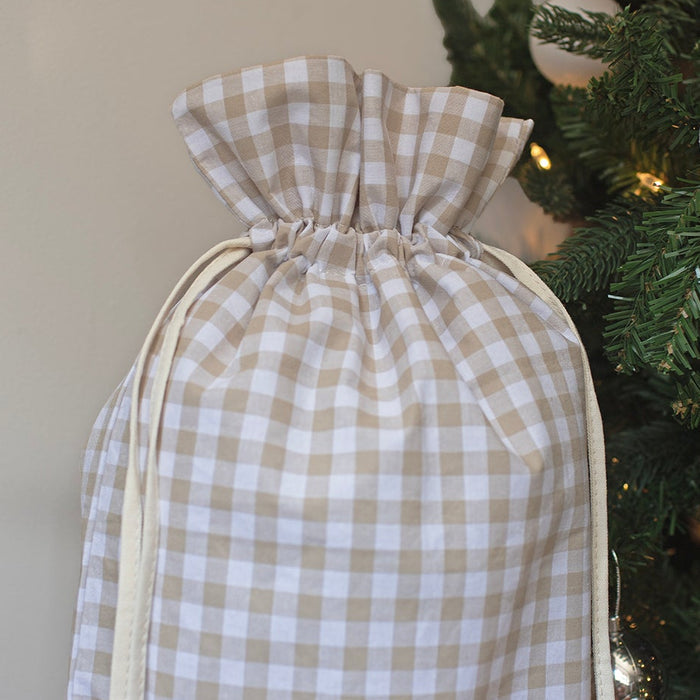 Mabel & Fox - Personalised Beige Gingham Mini Gift Sack - Embroidered