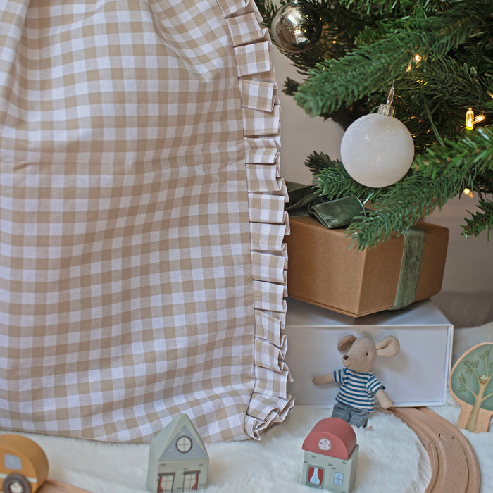 Mabel & Fox - Personalised Beige Gingham Ruffle Gift Sack - Embroidered