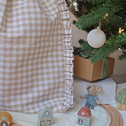 Mabel & Fox - Personalised Beige Gingham Ruffle Gift Sack - Embroidered