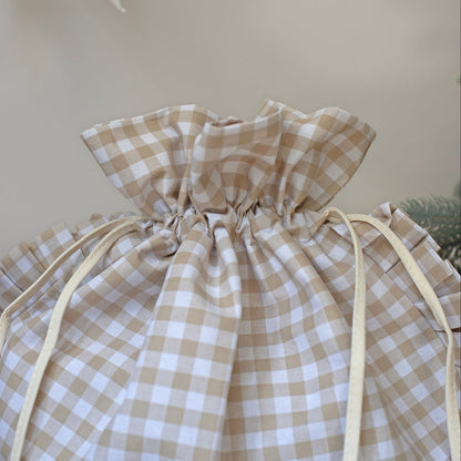 Mabel & Fox - Personalised Beige Gingham Ruffle Gift Sack - Velvet Bow