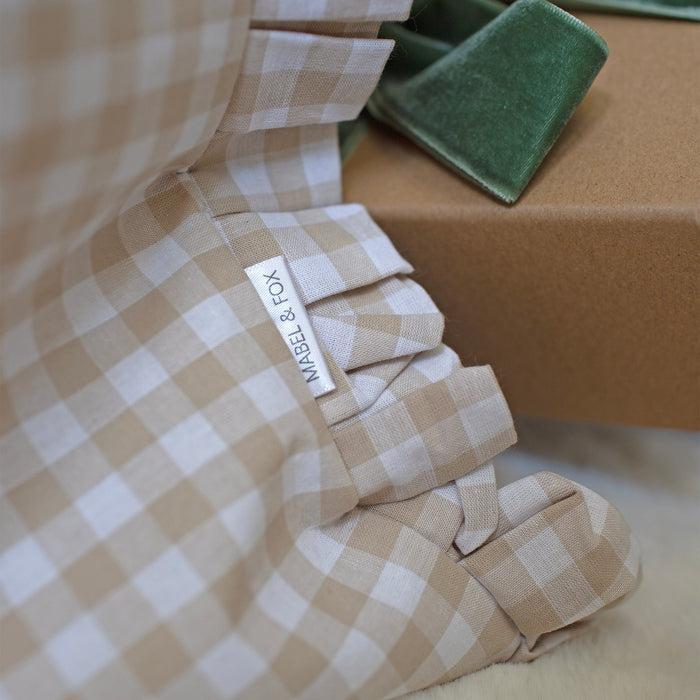 Mabel & Fox - Personalised Beige Gingham Ruffle Gift Sack - Velvet Bow