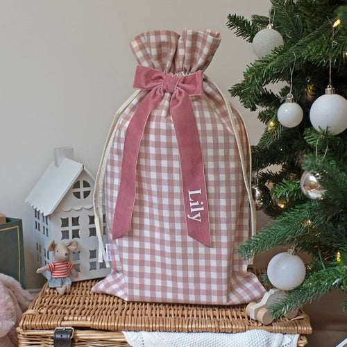 Mabel & Fox - Personalised Pink Gingham Mini Gift Sack - Velvet Bow