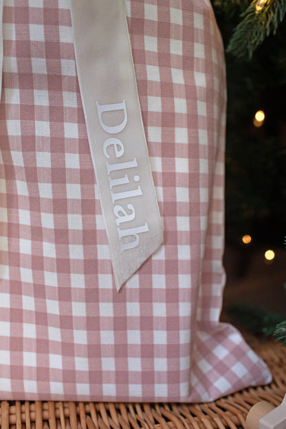 Mabel & Fox - Personalised Pink Gingham Mini Gift Sack - Velvet Bow
