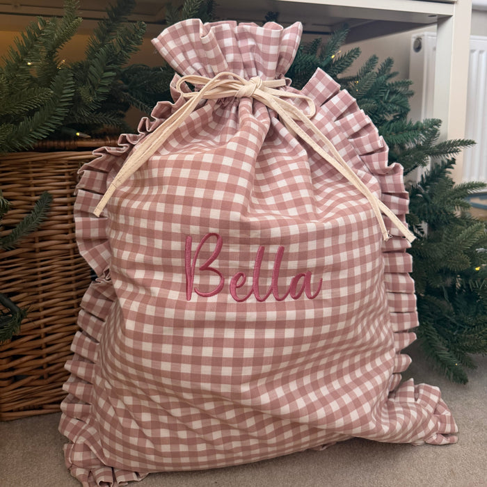 Mabel & Fox - Personalised Pink Gingham Ruffle Gift Sack - Embroidered