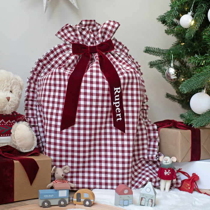 Mabel & Fox - Personalised Red Gingham Ruffle Gift Sack - Velvet Bow