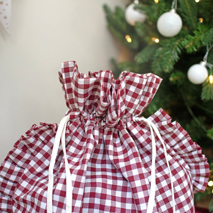 Mabel & Fox - Personalised Red Gingham Ruffle Gift Sack - Velvet Bow