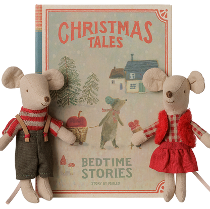 Maileg - Christmas Twin Mice, Little Sister and Brother in Book