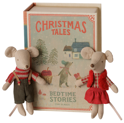 Maileg - Christmas Twin Mice, Little Sister and Brother in Book