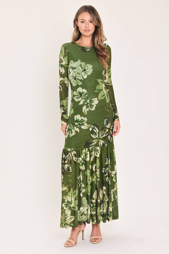 Martini Olive Long Sleeve Mesh Maxi Dress