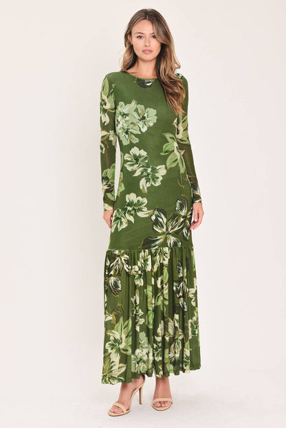 Martini Olive Long Sleeve Mesh Maxi Dress