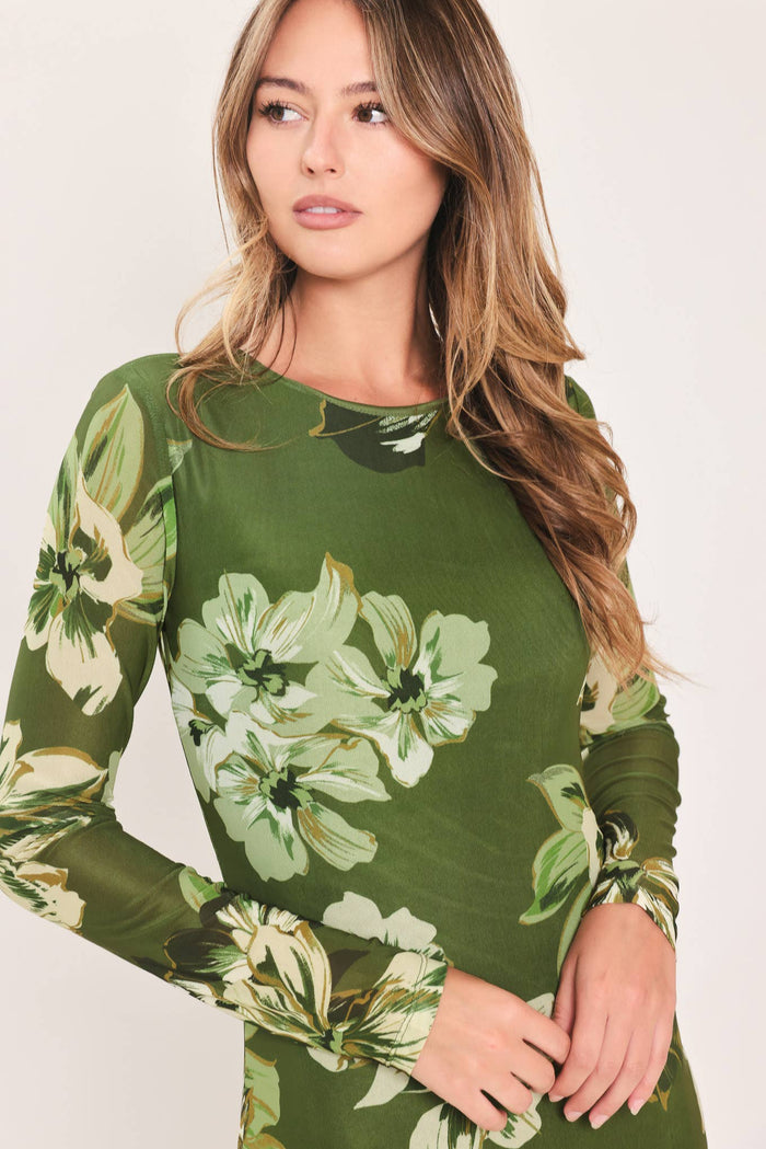 Martini Olive Long Sleeve Mesh Maxi Dress