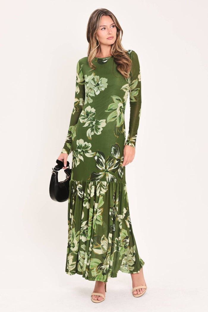 Martini Olive Long Sleeve Mesh Maxi Dress