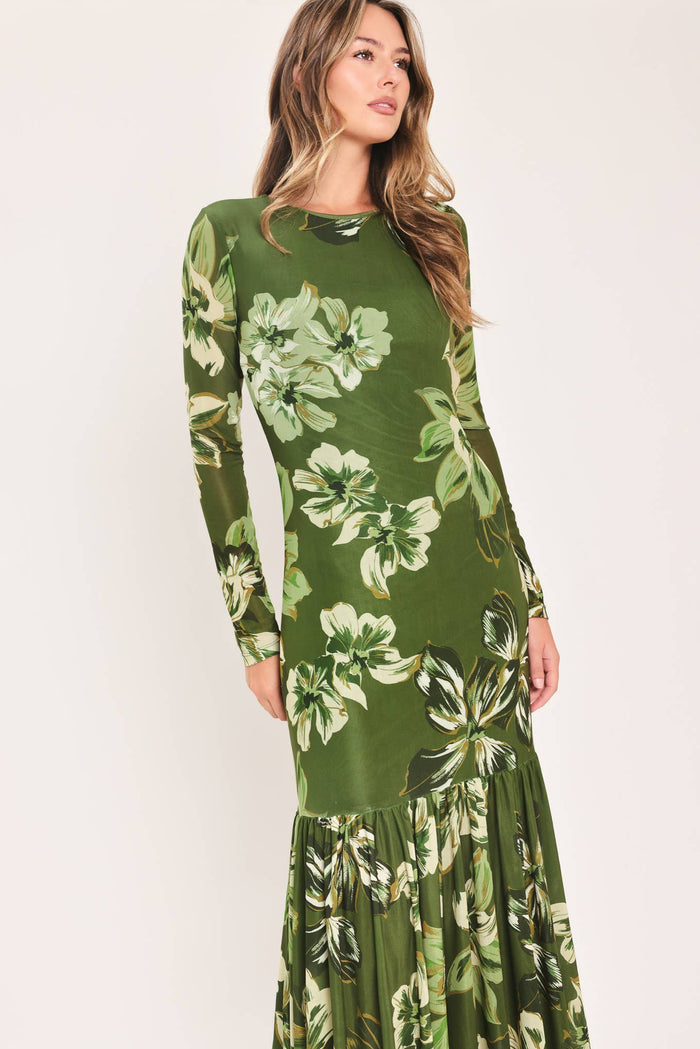 Martini Olive Long Sleeve Mesh Maxi Dress