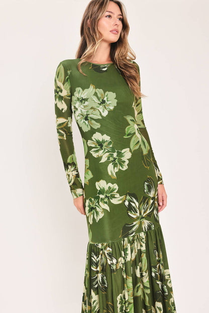 Martini Olive Long Sleeve Mesh Maxi Dress