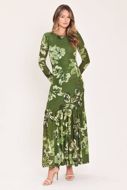 Martini Olive Long Sleeve Mesh Maxi Dress