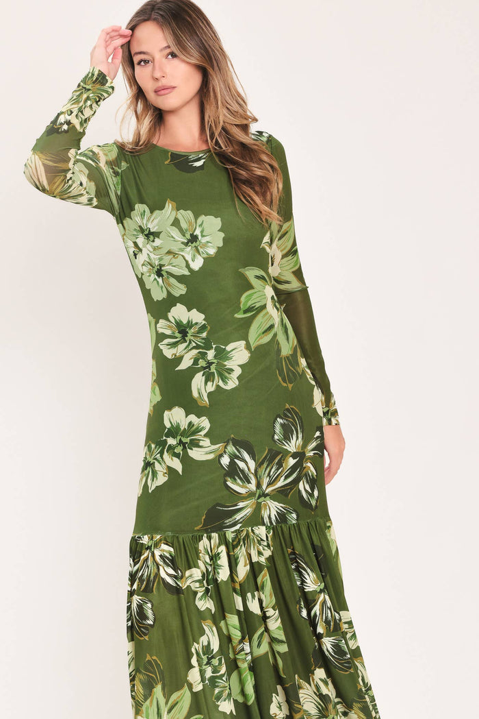 Martini Olive Long Sleeve Mesh Maxi Dress
