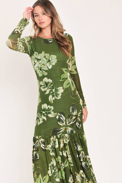 Martini Olive Long Sleeve Mesh Maxi Dress