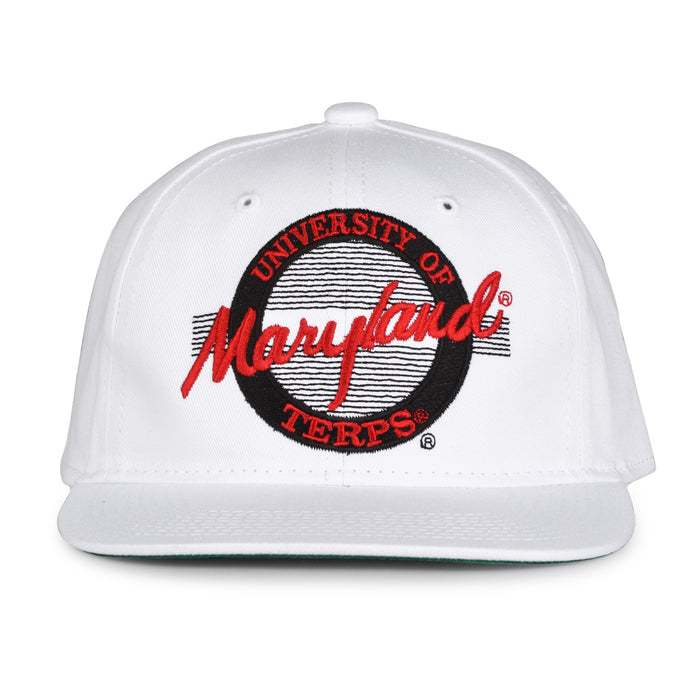 Maryland Retro Circle snapback hat in white, front view