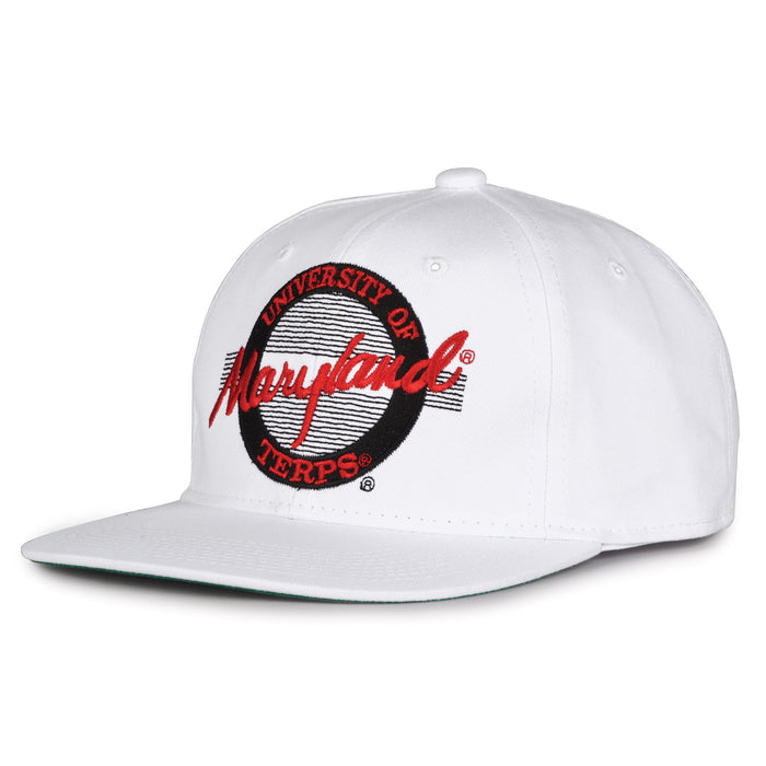 Maryland Retro Circle snapback hat in white, angled view