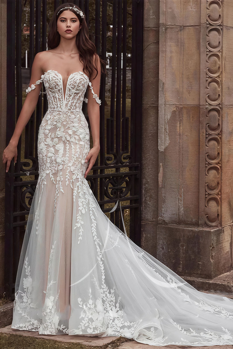 Mermaid Off Shoulder Lace Forest Train Wedding Dress