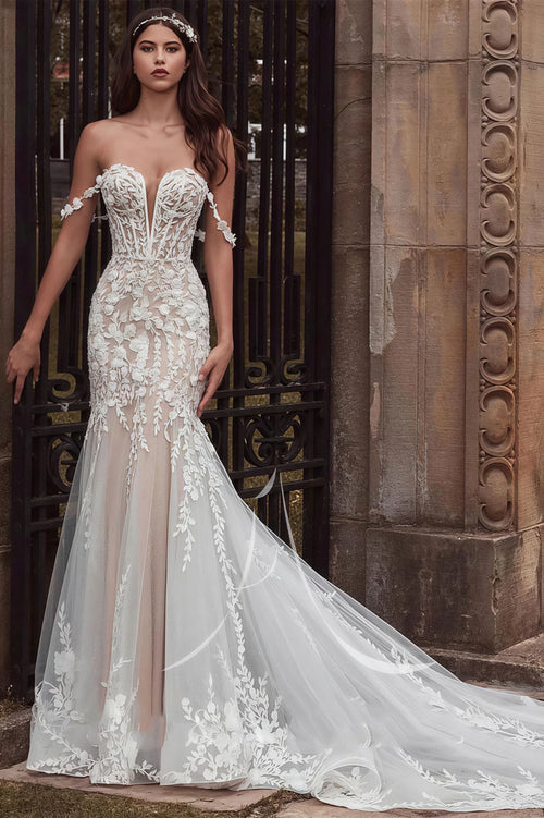 Mermaid Off Shoulder Lace Forest Train Wedding Dress