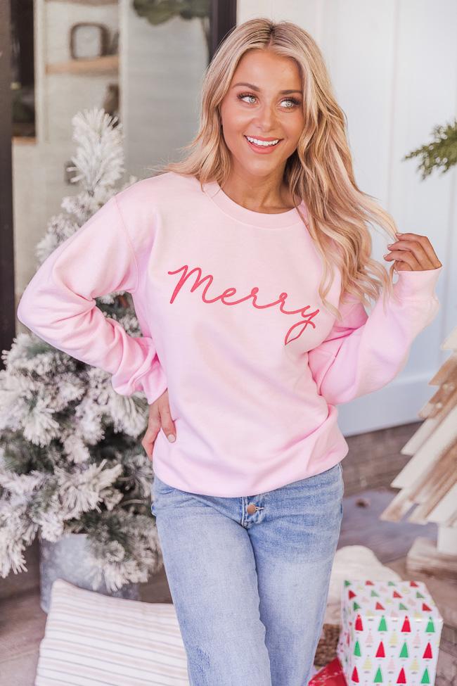 Merry Script Light Pink Graphic Sweatshirt