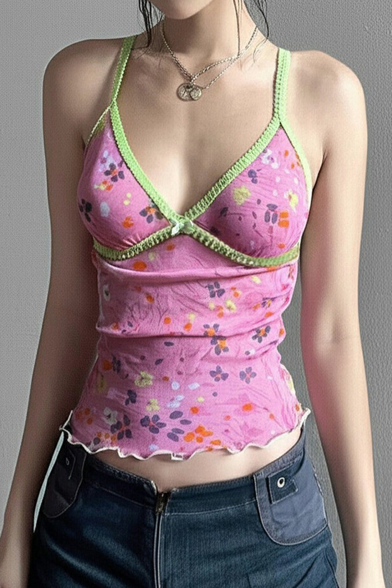 Mesh Floral Contrast V Neck Cami Top