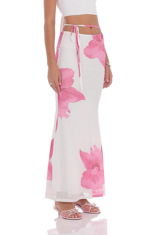 Mesh Floral Tie Bodycon Maxi Skirt