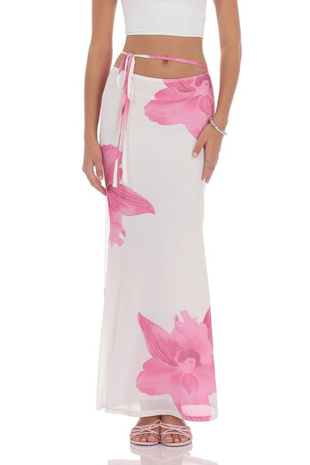 Mesh Floral Tie Bodycon Maxi Skirt